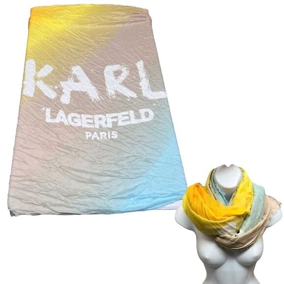 Karl Lagerfeld Paris Scarf Silk Blend Sun Bleached Square Blue Logo Fall Layer - Picture 1 of 12